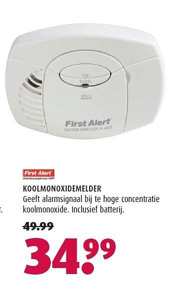 Aanbiedingen Koolmonoxidemelder - First Alert - Geldig van 08/09/2014 tot 21/09/2014 bij Hubo