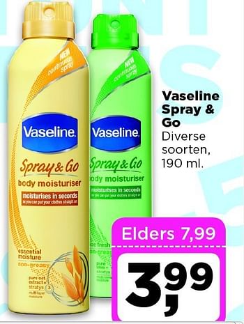 Aanbiedingen Vaseline spray + go diverse soorten - Vaseline  - Geldig van 09/09/2014 tot 15/09/2014 bij Dirx Drogisterijen