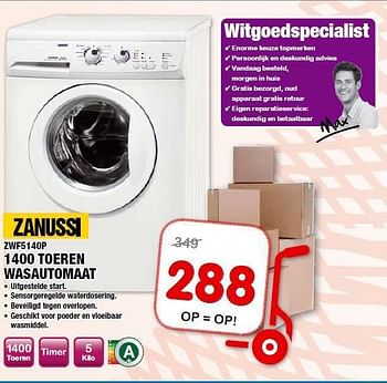 Aanbiedingen Zanussi zwf5140p 1400 toeren wasautomaat - Zanussi - Geldig van 10/09/2014 tot 21/09/2014 bij Maxwell