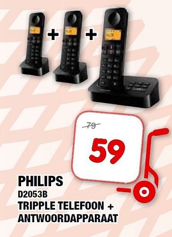 Aanbiedingen Philips d2053b tripple telefoon + antwoordapparaat - Philips - Geldig van 10/09/2014 tot 21/09/2014 bij Maxwell