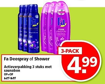 Aanbiedingen Fa deospray of shower - Fa - Geldig van 14/09/2014 tot 20/09/2014 bij Plus