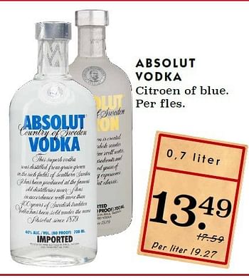 Aanbiedingen Absolut vodka citroen of blue - Absolut - Geldig van 14/09/2014 tot 20/09/2014 bij Deka Markt