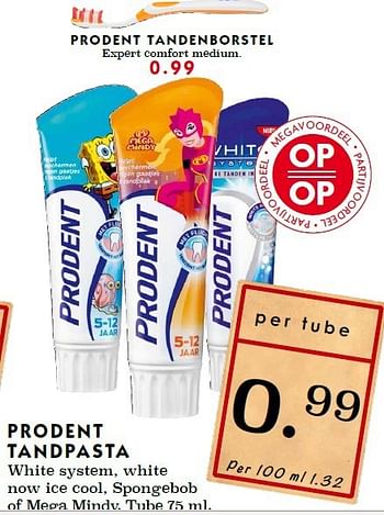 Aanbiedingen Prodent tandpasta white system, white now ice cool, spongebob of mega mindy - Prodent - Geldig van 14/09/2014 tot 20/09/2014 bij Deka Markt
