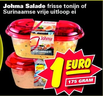 Aanbiedingen Johma salade frisse tonijn of surinaamse vrije uitloop ei - Johma - Geldig van 15/09/2014 tot 21/09/2014 bij Nettorama