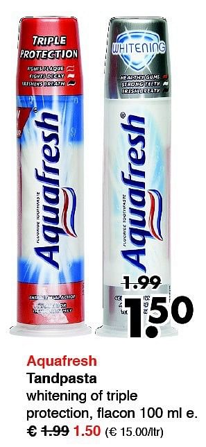 Aanbiedingen Aquafresh tandpasta whitening of triple protection - Aquafresh - Geldig van 15/09/2014 tot 27/09/2014 bij Wibra