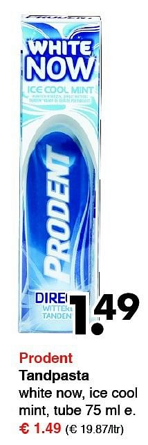 Aanbiedingen Prodent tandpasta white now, ice cool mint - Prodent - Geldig van 15/09/2014 tot 27/09/2014 bij Wibra