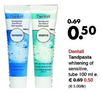 Aanbiedingen Dentall tandpasta whitening of sensitive - Dentall - Geldig van 15/09/2014 tot 27/09/2014 bij Wibra