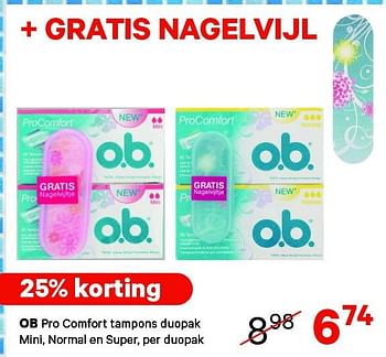 Aanbiedingen Ob pro comfort tampons duopak mini, normal en super - OB - Geldig van 15/09/2014 tot 28/09/2014 bij Etos