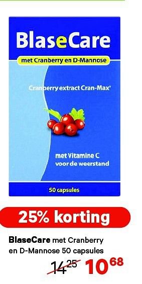 Aanbiedingen Blasecare met cranberry en d-mannose 50 capsules - BlaseCare - Geldig van 15/09/2014 tot 28/09/2014 bij Etos