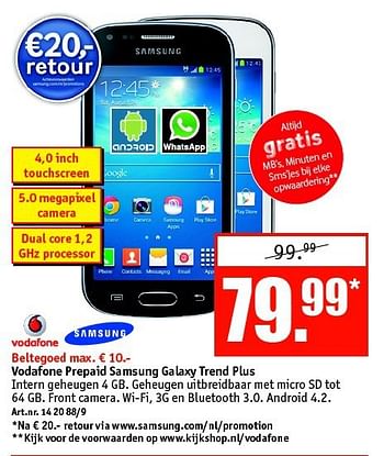 Aanbiedingen Vodafone prepaid samsung galaxy trend plus - Samsung - Geldig van 15/09/2014 tot 28/09/2014 bij Kijkshop