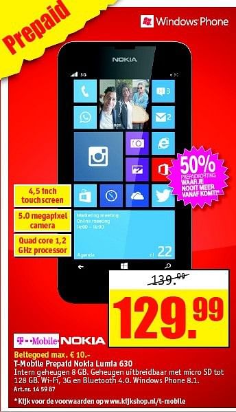 Aanbiedingen T-mobile prepaid nokia lumia 630 - Nokia - Geldig van 15/09/2014 tot 28/09/2014 bij Kijkshop