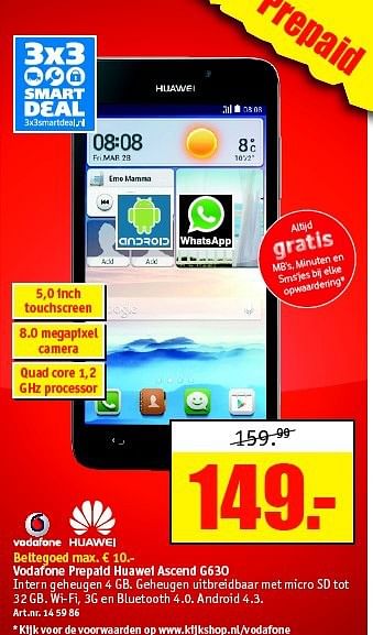 Aanbiedingen Vodafone prepaid huawei ascend g630 - Huawei - Geldig van 15/09/2014 tot 28/09/2014 bij Kijkshop