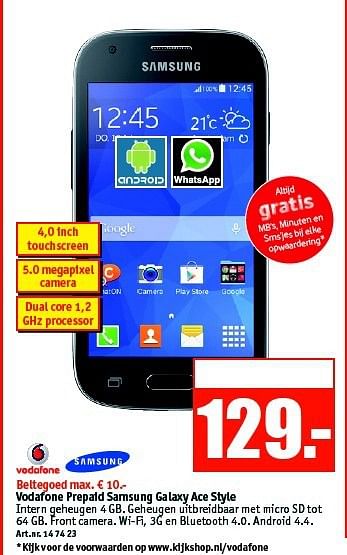 Aanbiedingen Vodafone prepaid samsung galaxy ace style - Samsung - Geldig van 15/09/2014 tot 28/09/2014 bij Kijkshop