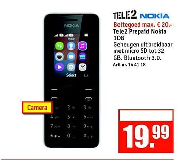 Aanbiedingen Tele2 prepaid nokia 108 - Nokia - Geldig van 15/09/2014 tot 28/09/2014 bij Kijkshop