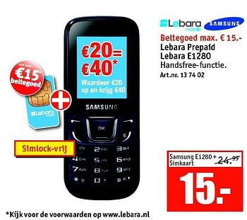 Aanbiedingen Samsung lebara prepaid lebara e1280 - Samsung - Geldig van 15/09/2014 tot 28/09/2014 bij Kijkshop