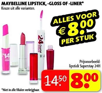 Aanbiedingen Lipstick superstay 24h - Maybelline - Geldig van 16/09/2014 tot 21/09/2014 bij Kruidvat