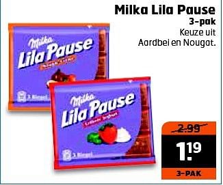 Aanbiedingen Milka lila pause aardbei en nougat - Milka - Geldig van 16/09/2014 tot 21/09/2014 bij Trekpleister