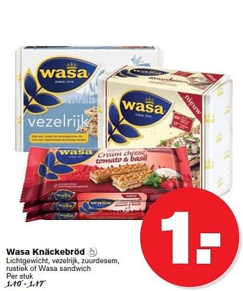 Aanbiedingen Wasa knäckebröd lichtgewicht, vezelrijk, zuurdesem - Wasa - Geldig van 17/09/2014 tot 23/09/2014 bij Hoogvliet