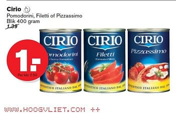 Aanbiedingen Cirio pomodorini, filetti of pizzassimo - CIRIO - Geldig van 17/09/2014 tot 23/09/2014 bij Hoogvliet