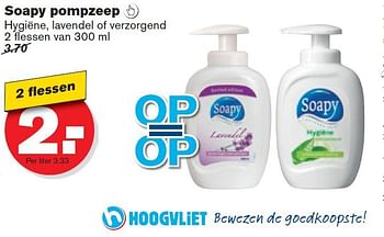 Aanbiedingen Soapy pompzeep hygiëne, lavendel of verzorgend 2 flessen - Soapy - Geldig van 17/09/2014 tot 23/09/2014 bij Hoogvliet