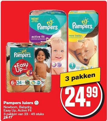 Aanbiedingen Pampers luiers newborn, babydry, easy up, active fit 3 pakken - Pampers - Geldig van 17/09/2014 tot 23/09/2014 bij Hoogvliet