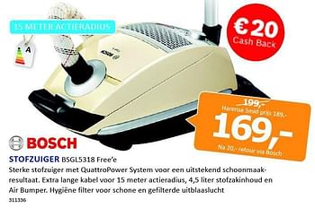 Aanbiedingen Bosch stofzuiger bsgl5318 free`e - Bosch - Geldig van 19/09/2014 tot 05/10/2014 bij De Harense Smid