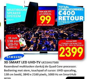 Aanbiedingen Samsung 3d smart led uhd-tv ue55hu7500 - Samsung - Geldig van 19/09/2014 tot 05/10/2014 bij It's Electronics