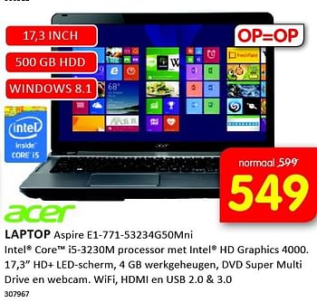 Aanbiedingen Acer laptop aspire e1-771-53234g50mni - Acer - Geldig van 19/09/2014 tot 05/10/2014 bij It's Electronics