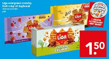 Aanbiedingen Liga evergreen crunchy,fruit crisp of daybreak - Liga - Geldig van 21/09/2014 tot 27/09/2014 bij Deen Supermarkten