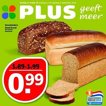 Aanbiedingen Korenlanders rond brood - Korenlanders - Geldig van 21/09/2014 tot 27/09/2014 bij Plus