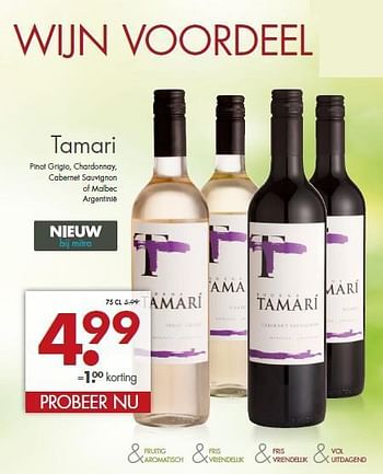 Aanbiedingen Tamari pinot grigio, chardonnay, cabernet sauvignon of malbec argentinië - Rode wijnen - Geldig van 21/09/2014 tot 04/10/2014 bij Mitra