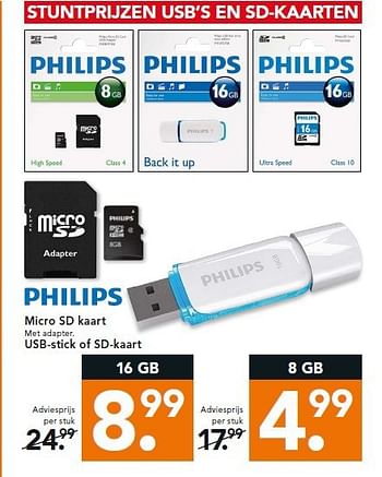 Aanbiedingen Micro sd kaart met adapter. usb-stick of sd-kaart - Philips - Geldig van 22/09/2014 tot 01/10/2014 bij Blokker
