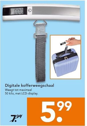 Aanbiedingen Digitale kofferweegschaal weegt tot maximaal 50 kilo, met lcd-display - Huismerk - Blokker - Geldig van 22/09/2014 tot 01/10/2014 bij Blokker