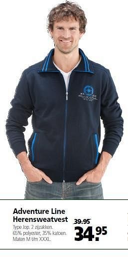 Aanbiedingen Adventure line herensweatvest jop - Adventure Line - Geldig van 22/09/2014 tot 03/10/2014 bij Welkoop