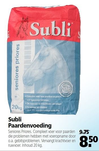 Aanbiedingen Subli paardenvoeding - Subli - Geldig van 22/09/2014 tot 03/10/2014 bij Boerenbond