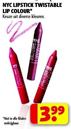 Aanbiedingen Nyc lipstick twistable lip colour - NYC - Geldig van 22/09/2014 tot 05/10/2014 bij Kruidvat