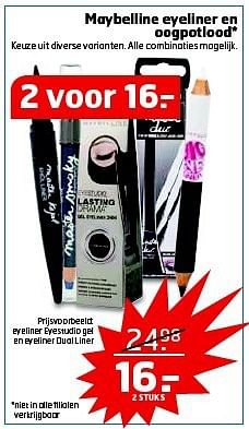 Aanbiedingen Eyeliner eyestudio gel en eyeliner dual liner - Maybelline - Geldig van 23/09/2014 tot 28/09/2014 bij Trekpleister