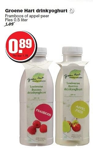 Aanbiedingen Groene hart drinkyoghurt framboos of appel-peer - groene hart - Geldig van 24/09/2014 tot 30/09/2014 bij Hoogvliet
