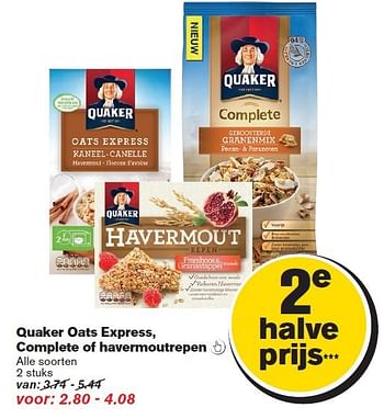 Aanbiedingen Quaker oats express, complete of havermoutrepen - Quaker - Geldig van 24/09/2014 tot 30/09/2014 bij Hoogvliet