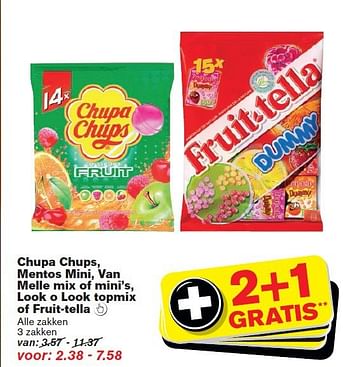 Aanbiedingen Chupa chups, mentos mini, van melle mix of mini`s, look o look topmix of fruit-tella - Chupa Chups - Geldig van 24/09/2014 tot 30/09/2014 bij Hoogvliet