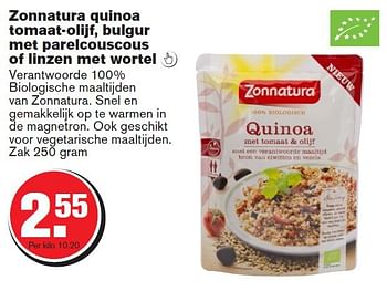 Aanbiedingen Zonnatura quinoa tomaat-olijf, bulgur met parelcouscous of linzen met wortel - Zonnatura - Geldig van 24/09/2014 tot 30/09/2014 bij Hoogvliet