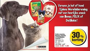 Aanbiedingen Felix snacks, bonzo snacks of delibakie snacks - Felix - Geldig van 24/09/2014 tot 30/09/2014 bij Hoogvliet