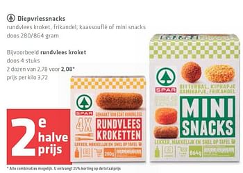 Aanbiedingen Diepvriessnacks rundvlees kroket, frikandel, kaassouflé of mini snacks - Spar - Geldig van 25/09/2014 tot 01/10/2014 bij Spar