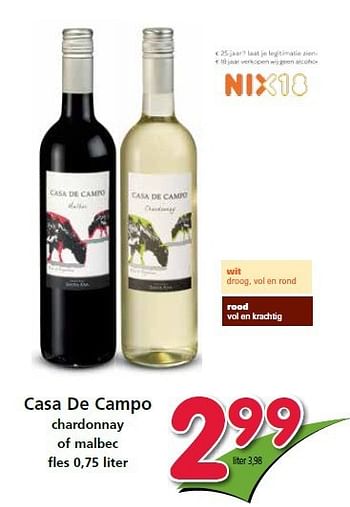 Aanbiedingen Casa de campo chardonnay of malbec - Rode wijnen - Geldig van 25/09/2014 tot 01/10/2014 bij Attent