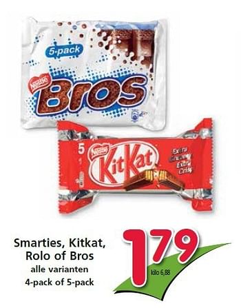 Aanbiedingen Smarties, kitkat, rolo of bros - Nestlé - Geldig van 25/09/2014 tot 01/10/2014 bij Attent