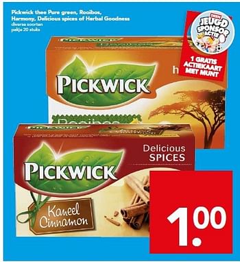 Aanbiedingen Pickwick thee pure green, rooibos, harmony, delicious spices of herbal goodness - Pickwick - Geldig van 28/09/2014 tot 04/10/2014 bij Deen Supermarkten