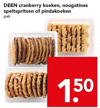 Aanbiedingen Deen cranberry koeken, nougatines speltspritsen of pindakoeken - Huismerk deen supermarkt - Geldig van 28/09/2014 tot 04/10/2014 bij Deen Supermarkten