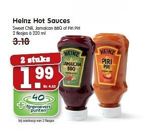 Aanbiedingen Heinz hot sauces sweet chili, jamaican bbq of piri piri 2 stuks - Heinz - Geldig van 28/09/2014 tot 04/10/2014 bij Em-té