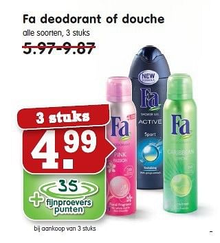 Aanbiedingen Fa deodorant of douche 3 stuks - Fa - Geldig van 28/09/2014 tot 04/10/2014 bij Em-té