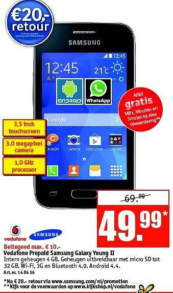 Aanbiedingen Vodafone prepaid samsung galaxy young ii - Samsung - Geldig van 29/09/2014 tot 12/10/2014 bij Kijkshop